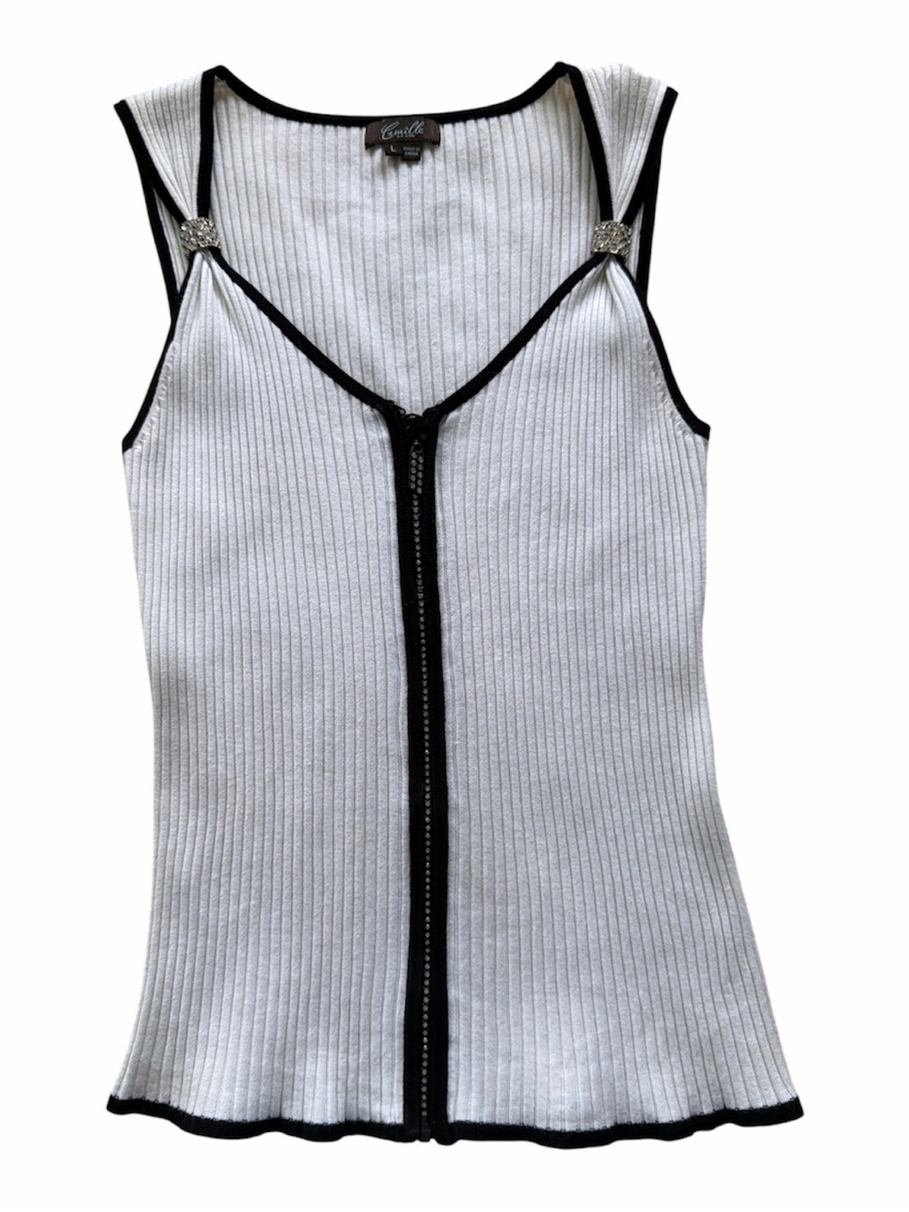 Camille La Vie White Ribbed Tank with Black Trim and Front Zipper